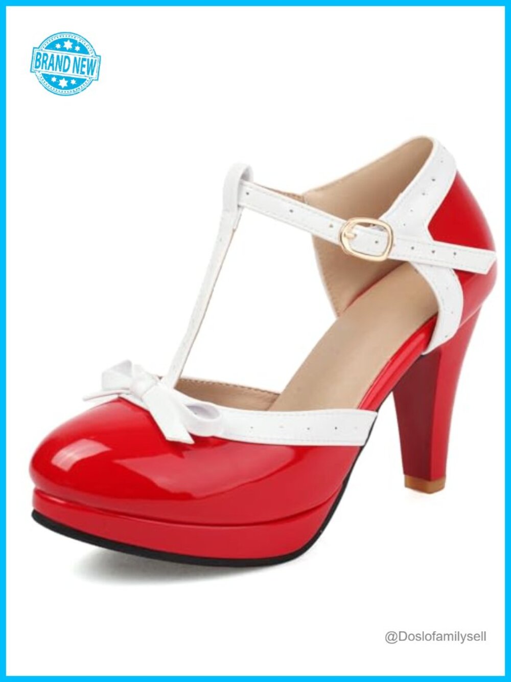 Women's T-Strap High Heels Bow Platform Round Toe Pumps Leather Sweet Shoes
